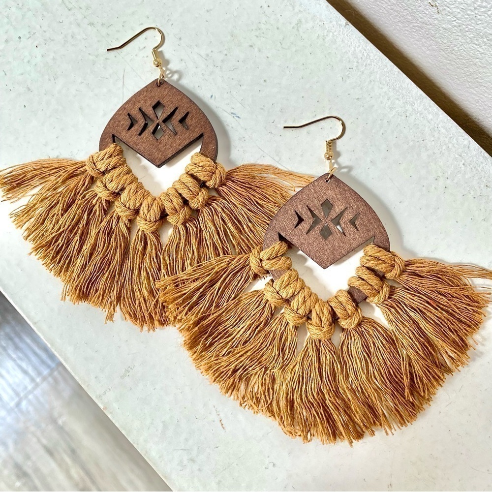 Rustic fringe boho statement earrings w macrame/hippy/cottage core vibe